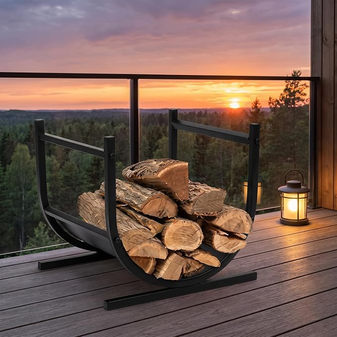 Firewood Rack Outdoor, 17 Inch U-shaped Firewood Storage Log Rack with Integrated Hooks, Wood Rack for Indoor Fireplace & Balcony (Black)