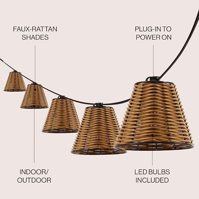 JONATHAN Y 10' Brown 10-Light Indoor/Outdoor LED String Lights for Patio, Classic Cottage Faux-Rattan Shaded Hanging Lights for Balcony, Deck, Coastal Decor JYL8706A