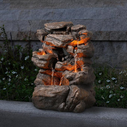 Outdoor Waterfall Fountain 20.5" Tiered with LED Lights, Natural Rock Design, Weatherproof Resin – Waterfall Fountain for Garden, Patio, Yard 24393