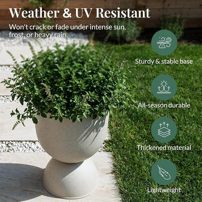 KOL Planters Flower Pots, Plastic Urn Planters for Indoor Outdoor Plants, Beige Pedestal Planter Pots 2 Pack, 15 Inch Tall Decorative Planters with Drainage Holes & Plugs for Front Porch Patio Garden