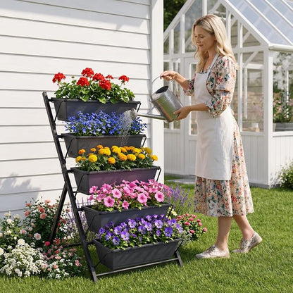 Giantex 5 Tier Vertical Planter Set of 2, Raised Garden Bed with Drainage Holes & Removable Trays, Metal Frame Elevated Planter Boxes for Herbs Vegetables Flowers, Indoor Outdoor Patio Balcony