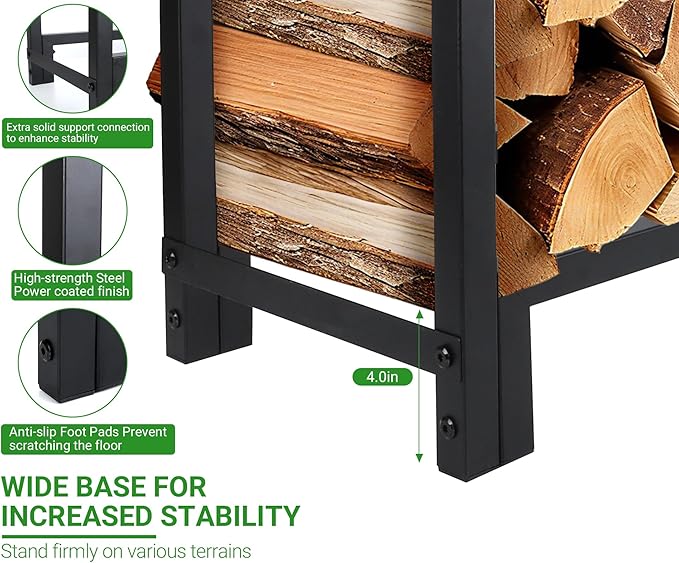 Firewood Rack Outdoor 8 FT - Adjustable Length (2.6-8ft), Holds 1/2 Face Cord Firewood, Heavy Duty Log Holder with 14 Support Legs for Backyard Fire Pit & Indoor Fireplace,Black