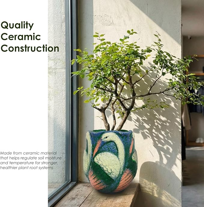 6.5 inch Green Ceramic Flower Pot with Bird Patterns,Indoor Outdoor Planter for Succulents Plants, Modern Home Garden Decor