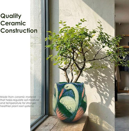 6.5 inch Green Ceramic Flower Pot with Bird Patterns,Indoor Outdoor Planter for Succulents Plants, Modern Home Garden Decor