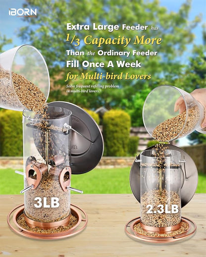 iBorn Metal Bird Feeder for Outside Hanging,Wild Bird Feeders for Cardinal,17.8cm Large Roof&Tray Brushed Copper 10 Port(Seed is not Included)