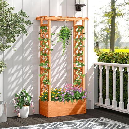 HAPPYGRILL Raised Garden Bed with Trellis, 2 Pack Wood Elevated Garden Bed with Hanging Roof, Planter Box, Drainage Holes for Climbing Plants, Flowers, Vegetables, 31" L x 14" W x 60" H