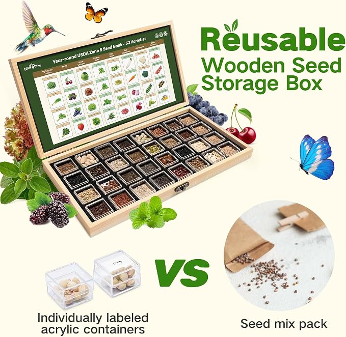 Zone 5 Seed Bank, 32 Types Heirloom Vegetables Herbs Seeds, Gardening Gifts | Non-GMO USA-Soucred Seed Vault Kit, Survival Garden Seeds for Planting in Raised Beds Greenhouse, Gift for Gardener Women Men