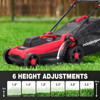PowerSmart Corded Electric Lawn Mower, 14 Inch, 12.5 Amp, Ergonomic Handle | Large Capacity Grass Catcher, Reliable Motor, 6-Position Height Adjustment, 2-in-1 Mulch & Bag