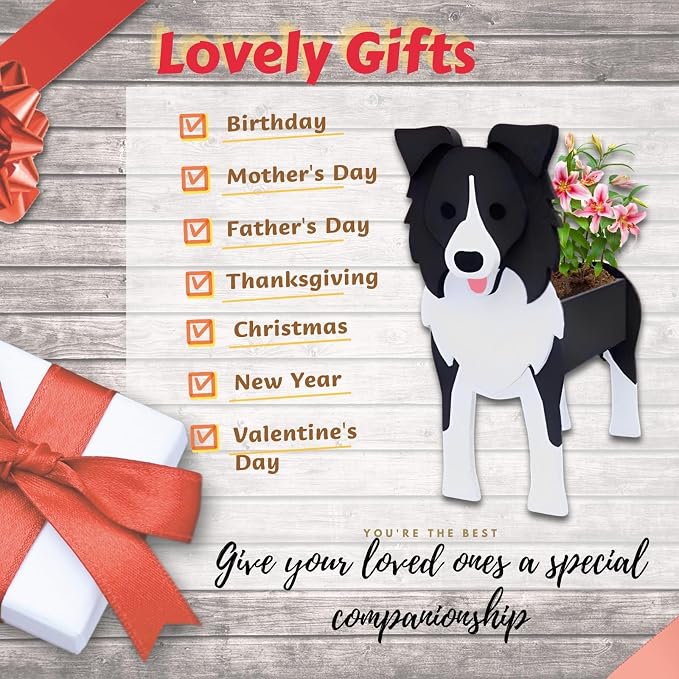 Border Collie Dog Planter, 9.45 x 5.94 x 13.39 Inches | Dog Flower Pot, Cute Animal-Shaped Plant Pot, Gifts for Women & Pet Lovers, Indoor and Outdoor Garden, Home and Office Decor