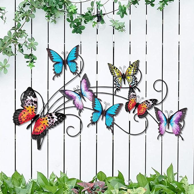 POHOHO Metal Butterflies Wall Decor Art, 22"×13.3", Indoor & Outdoor Decoration, 3D Colorful Hanging Butterfly Decorations for Patio Garden Fence Yard