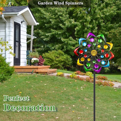Viveta Kinetic Wind Spinner, 59 inch Outdoor Metal Windmills for Yard Garden, Double Wind Sculpture with Stable Stake, Multi-Color | Double Wind Sculpture with Stable Stake, Multi-color, for Yard and Garden