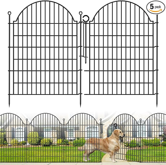 5 Panels Decorative Garden Fencing with Gate for Yard, 40in (H) x 11.8ft (L) No Dig Animal Barrier Fence, Rustproof Metal Wire Outdoor Dog Fences Panel Border with Temporary Ground Stakes