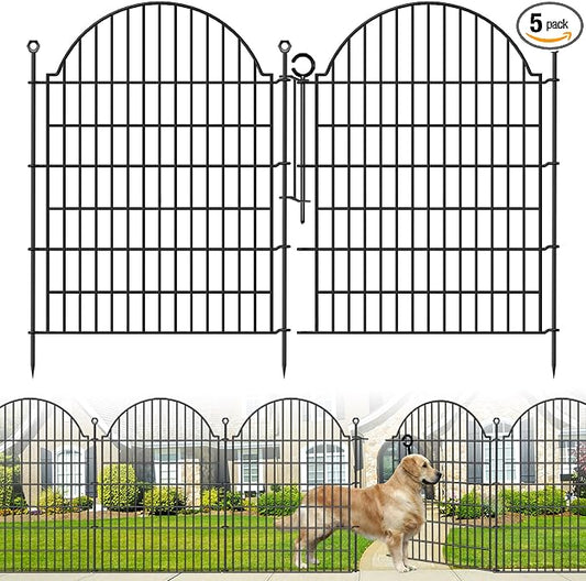 5 Panels Decorative Garden Fencing with Gate for Yard, 40in (H) x 11.8ft (L) No Dig Animal Barrier Fence, Rustproof Metal Wire Outdoor Dog Fences Panel Border with Temporary Ground Stakes