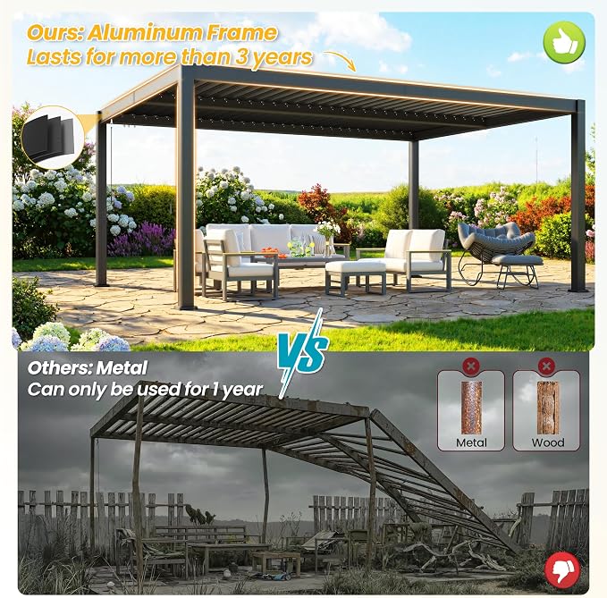 Louvered Pergola, 12' x 16' Outdoor Pergola, Aluminum Frame Patio Gazebo with Adjustable Louvers Roof and Integrated Gutter System, Outdoor Hardtop Gazebo for Patio, Backyard, Deck, Garden, Dark Gray