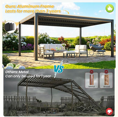 Louvered Pergola, 12' x 16' Outdoor Pergola, Aluminum Frame Patio Gazebo with Adjustable Louvers Roof and Integrated Gutter System, Outdoor Hardtop Gazebo for Patio, Backyard, Deck, Garden, Dark Gray