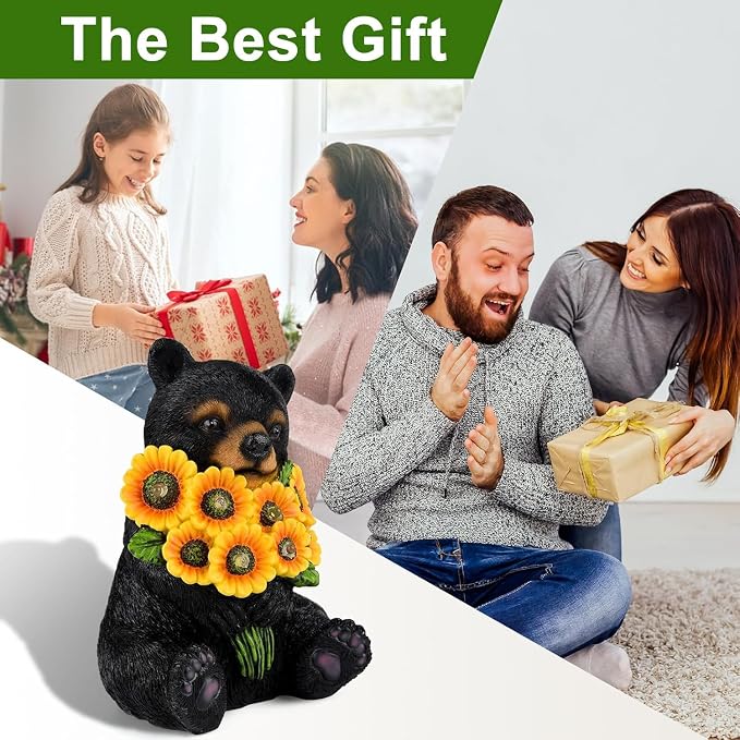 Solar Garden Lights Outdoor Statues Black Bear with Sunflowers, Sculpture Decor Mother Gifts for Women, Men or Daughter, Unique Garden Statues for Housewarming Gifts