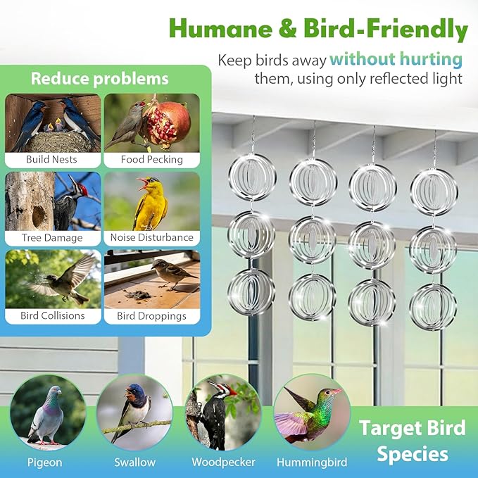 Bird Deterrents for Outside, 12 Discs Stainless Steel 3D Wind Spinners Garden Decor, 4 Sets Reflective Bird Scare Devices to Keep Woodpeckers, Pigeons Away from Patio, Balcony, Porch, Deck