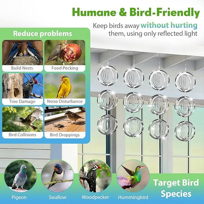 Bird Deterrents for Outside, 12 Discs Stainless Steel 3D Wind Spinners Garden Decor, 4 Sets Reflective Bird Scare Devices to Keep Woodpeckers, Pigeons Away from Patio, Balcony, Porch, Deck