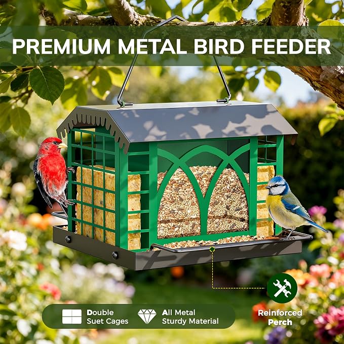 Bird Feeders for Outdoors Hanging, Metal Bird Feeder with Double Suet Cage Weatherproof Metal Roof, 3.5Lbs Large Capacity Great for Attracting Finch Cardinal Chickadee Wild Birds, Branch Green