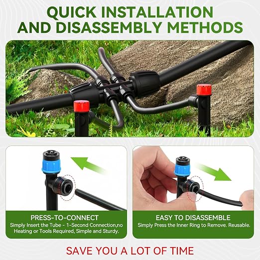 Drip Irrigation System, 106FT Drip Irrigation System Kit, Press-to-Connect & Detachable Quick-Connect, 1/2" & 1/4" Tool-Free Tubing, Adjustable & Sprinklers Nozzles for Garden, Lawn,Potted.