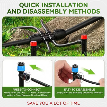 Drip Irrigation System, 106FT Drip Irrigation System Kit, Press-to-Connect & Detachable Quick-Connect, 1/2" & 1/4" Tool-Free Tubing, Adjustable & Sprinklers Nozzles for Garden, Lawn,Potted.