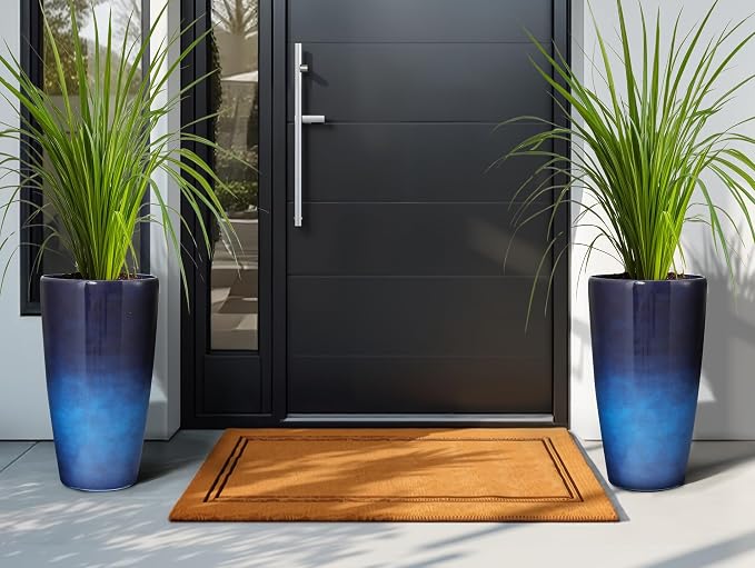 22.8" Gradient Blue Resin Tall Outdoor Planters with Drainage Holes | Set of 2 resin tall planters with deep gradient blue finish, drainage plugs, and UV-resistant surface for porch or patio