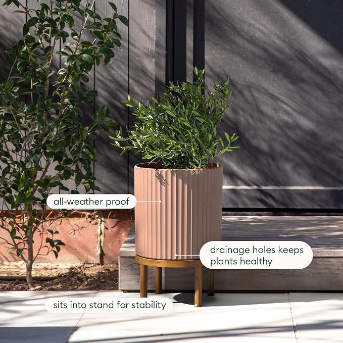Veradek Demi Series Round Planter w/Stand for Porch/Patio | Durable Plastic-Stone Composite & Wooden Stand | Modern Décor for Tall Plants, Flowers