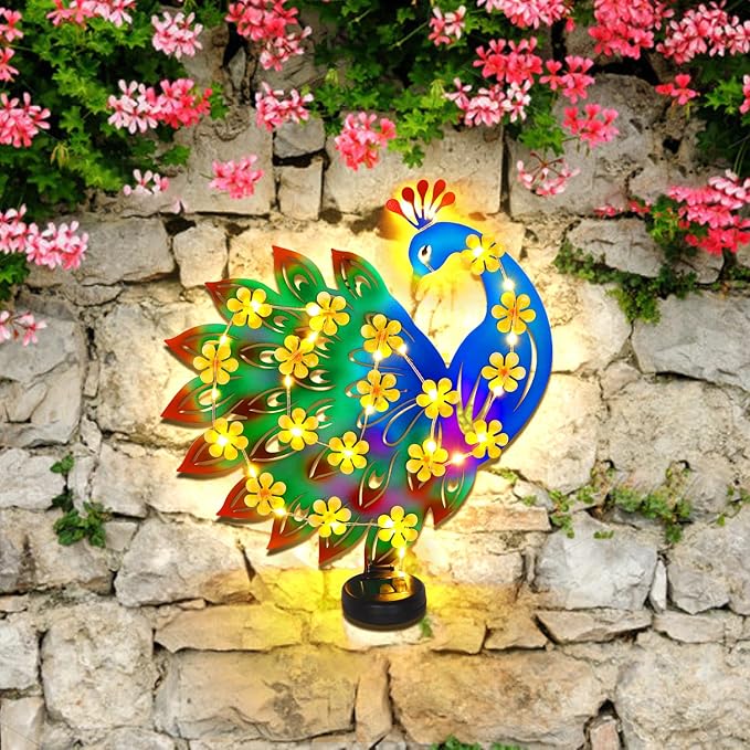 Metal Peacock Outdoor Wall Decor with 30 Led Solar Lights- 13.8" Outdoor Fence Wall Art Decor, Gift for Mom Grandma Women Birthday Gardening,Hanging Decoration for Garden Patio Porch Yard