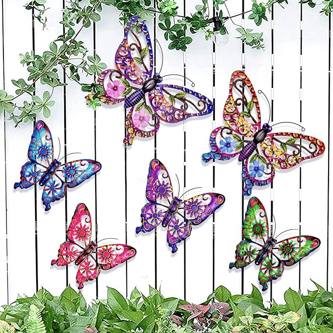 SUNREEK 6Pcs Metal Butterfly Wall Decor, 14Inch/9Inch Outdoor Butterfly Wall Art for Fence Garden Yard Room Patio Balcony Decorations