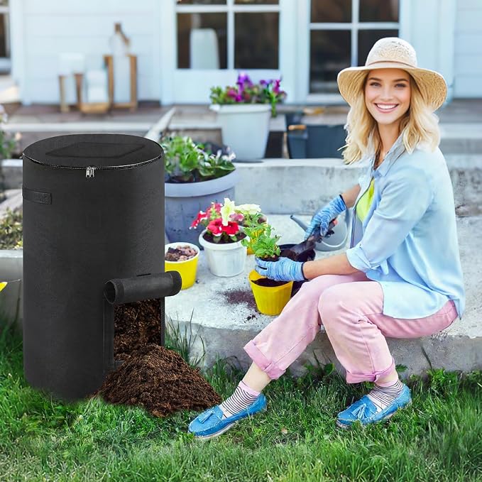 Compost Bin Outdoor with Handles Observation Windows, 34 Gallon | Black Reusable foldable compost bucket compost bag for home garden yard waste, thickened breathable felt material