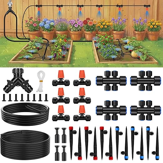 160FT Quick-Connect Drip Irrigation System Kit, Irrigation Kit with Adjustable Nozzles, 30FT 2/5" & 130FT 1/4" Tubing, Automatic Watering System for Garden, Raised Beds, Greenhouse