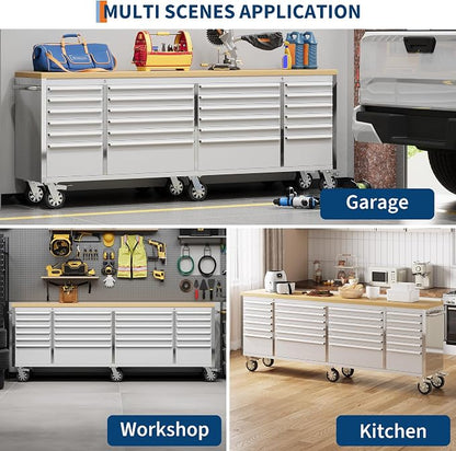PeakPursuit 96" Rolling Tool Chest with 24 Drawers, Solid Rubber Wood Workbench Top, Locking Wheels & Key Lock, Mobile Garage Storage Cabinet for Workshop Organization, Silver