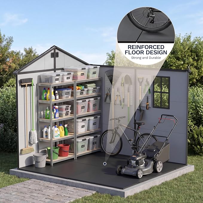 Greesum 8x8FT Resin Shed with Floor, All-Weather Resistance, Light Gray | All-Weather Protection (Rain/Snow/UV) | Sloped Leak-Proof Roof | Heavy-Duty Reinforced Base | Lockable & Well-Ventilated