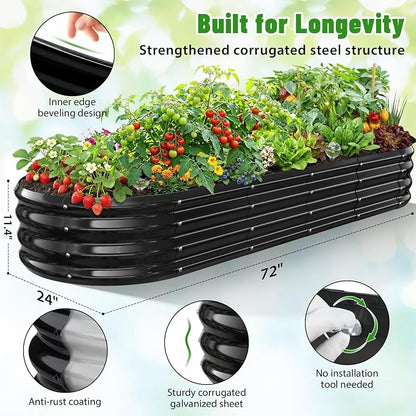 Oval Raised Garden Bed, 6 x 2 x 1FT, Galvanized Steel Planter Box with Wave-Shaped Metal Panels Painted for Outdoor Flower,Tree,Herb & Vegetable Garden (Black, 72X24X12 inches)