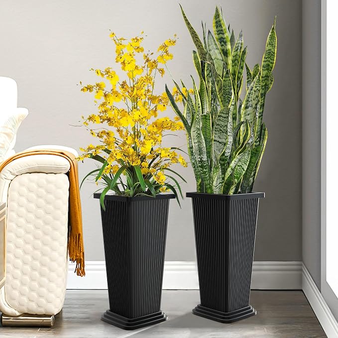 TUYOHW Set of 2 Large Tall Planter for Indoor or Outdoor 24" Flower Pots Tapered Tall Planters with Tray for Porch, Patio, Backyard, Large Planters for Outdoor Indoor Plants(Black,Striped)