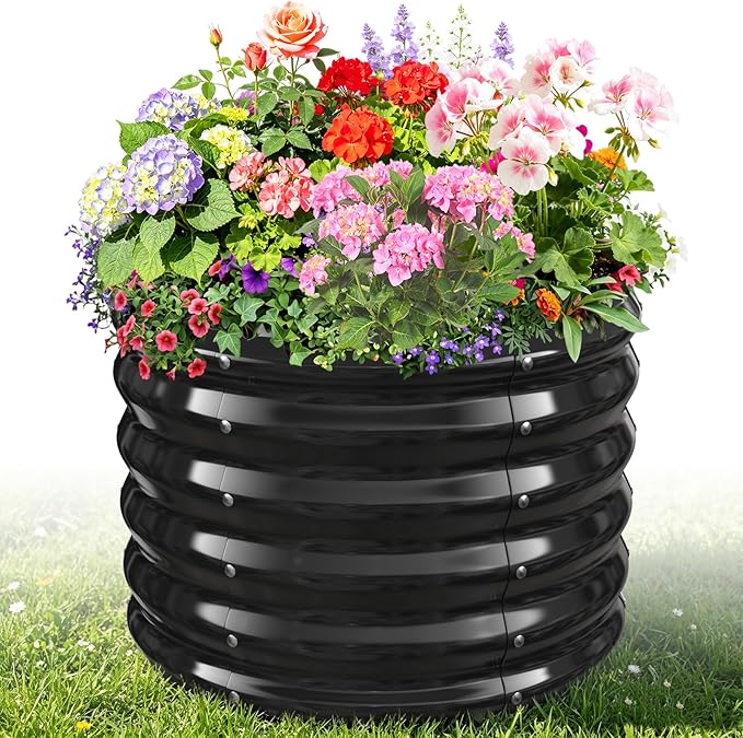 24" Diameter Round Raised Garden Bed - 17 Inch Tall, Heavy-Duty Galvanized Steel Planter Box with Wave-Shaped Panels for Vegetables, Herbs & Flowers (1, Black, 24 Inch Diameter)