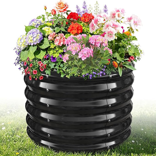 24" Diameter Round Raised Garden Bed - 17 Inch Tall, Heavy-Duty Galvanized Steel Planter Box with Wave-Shaped Panels for Vegetables, Herbs & Flowers (1, Black, 24 Inch Diameter)