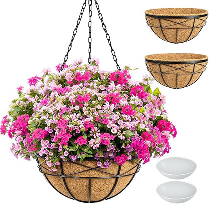 2 Pack 18 Inch Extra Large Deep Hanging Baskets for Plants Outdoor Metal Hanging Planters Flower Pots with Coco Liners Black Hanging Plant Holder for Porch Balcony Garden Planting