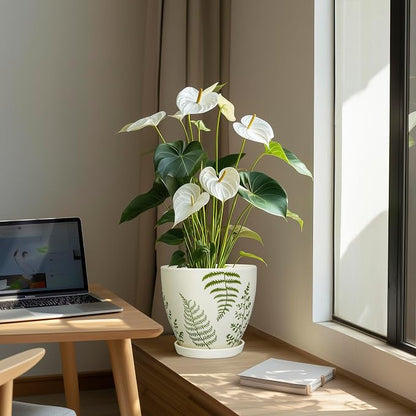 MPotTo Ceramic Plant Pot, 8.2 Inch, White | Boho Round Decorative, Indoor & Outdoor, Drainage Hole & Saucer, Housewarming Gift, Office Home Garden Decor