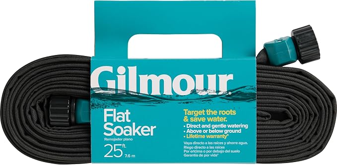 Gilmour 25' Black Flat Weeper Soaker Hose for Garden Beds, Drip Irrigation Outdoor Hose, Flexible Garden Hose for Vegetable Gardens, Flower Beds, Lawns, and Orchards
