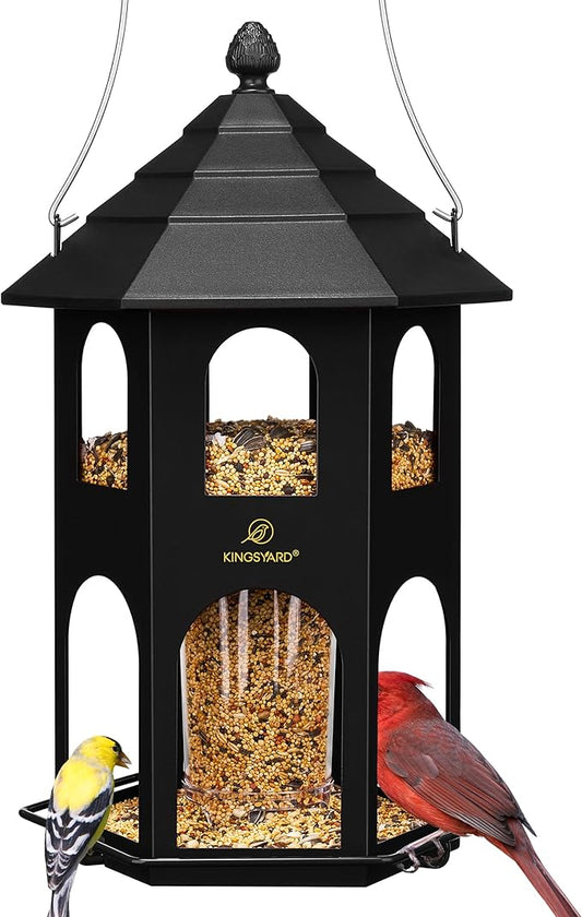Kingsyard Metal Bird Feeder for Outdoor Hanging, Wild Bird Feeders with Circular Perch, Easy to Clean & Refill, 4 lbs Large Seed Capacity, Black