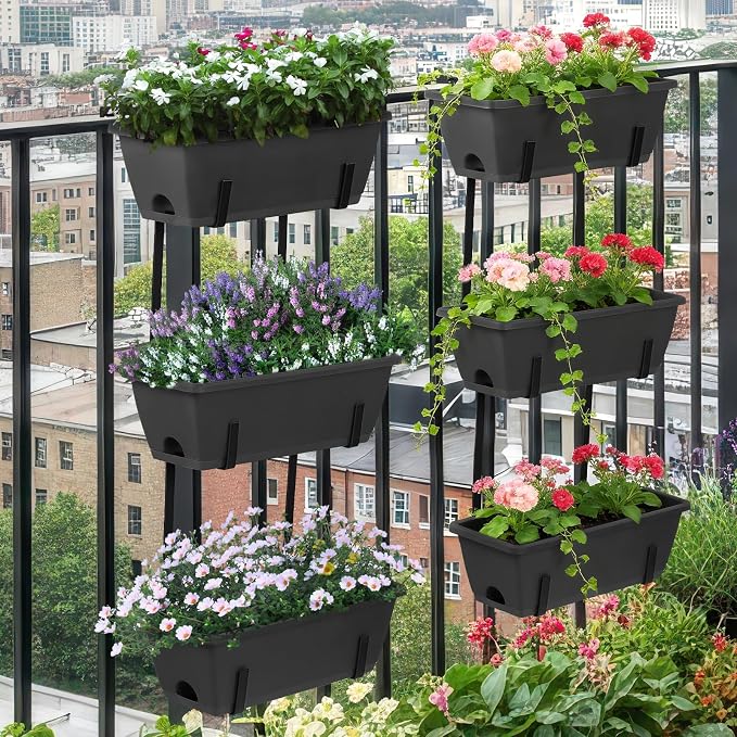 OYEAL Deck Railing Planter Boxes Set of 2 Over The Fence Planters Rail Hanging Planter Boxes with Adjustable Brackets, 6 Plastic Flower Boxes, Grey
