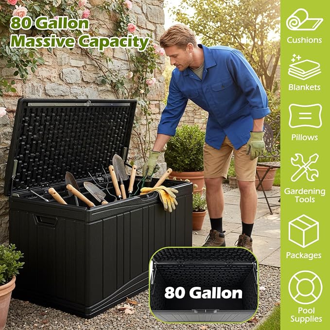 Tangkula 80 Gallon Outdoor Storage Box, Large HDPE Resin Patio Storage Box with Gas Struts & Lockable Lid, 2-in-1 Waterproof Deck Box for Package Delivery, Garden Tools, Outdoor Cushions