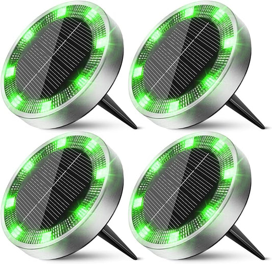 Peasur Mini Solar Ground Lights Outdoor, 4 Pack Flat Solar Powered Disc Lights, IP68 Waterproof, Anti-Rust, Landscape Lighting for Pathway Garden Yard Lawn Walkway Landscape Driveway, Green