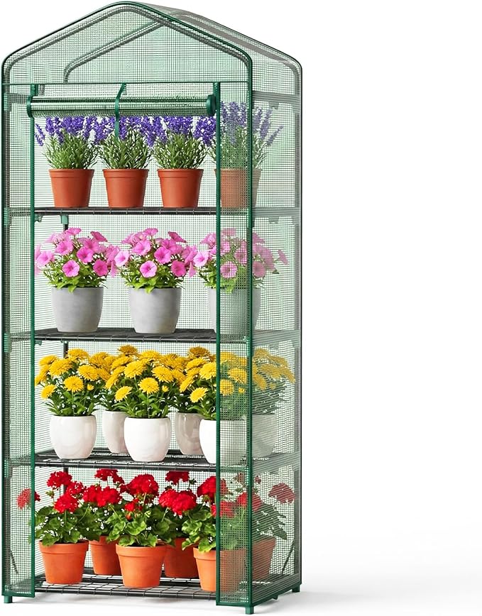 OLIXIS Mini Greenhouse with Durable PE Cover Roll-up Zipper Door, 27"x19"x63" 4 Tier, Small Greenhouse for Outdoors Indoor Balcony, Porch, Garden, Patio, Backyard Green Houses, Green