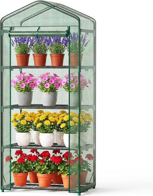 OLIXIS Mini Greenhouse with Durable PE Cover Roll-up Zipper Door, 27"x19"x63" 4 Tier, Small Greenhouse for Outdoors Indoor Balcony, Porch, Garden, Patio, Backyard Green Houses, Green