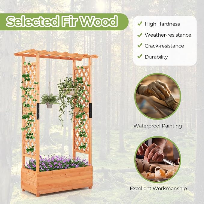 HAPPYGRILL 72" Raised Garden Bed with Trellis, Freestanding Wood Planter Box w/Hanging Roof & 2 Drainage Holes for Vine, Climbing Plants, Flowers, Outdoor Planter w/Trellis for Garden, Patio, Yard
