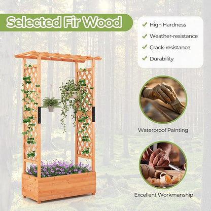 HAPPYGRILL 72" Raised Garden Bed with Trellis, 2 Pack Freestanding Wood Planter Box w/Hanging Roof & 2 Drainage Holes for Vine Climbing Plants Flowers, Outdoor Planter w/Trellis for Garden Patio