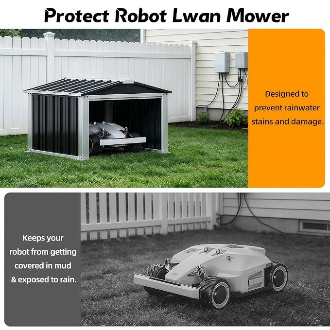 REEMOON 3x3 FT Metal Robot Mower Garage, Small Outdoor Shed, Black | Open-front metal shelter for robot mowers, garden tools, trash bins, and small backyard equipment; assembly required.