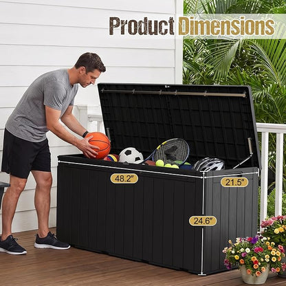 110 Gallon Deck Box Outdoor Indoor Waterproof Storage Box for Patio Furniture, Pool Accessories, Garden Tools, and Cushion Storage, Black